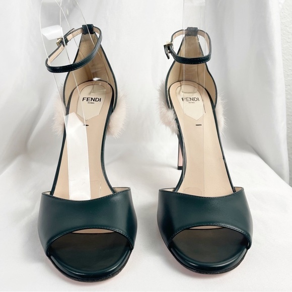 Fendi Mink Fur Trimmed Open Toe Leather Heels Green EU 39 - Picture 3 of 11